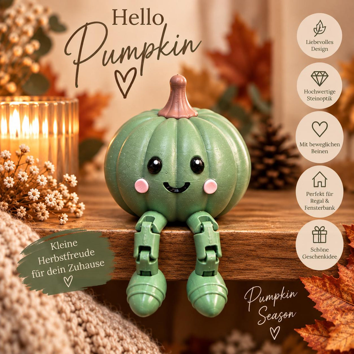 Süßer Kürbis mit beweglichen Beinen | Herbstdeko Kürbis | niedliche Dekofigur | Pumpkin Decor | Geschenk Herbst I verschiedene Farben